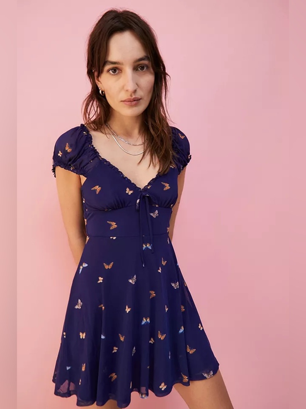 UO Audrey Butterfly Print Mesh Mini Dress